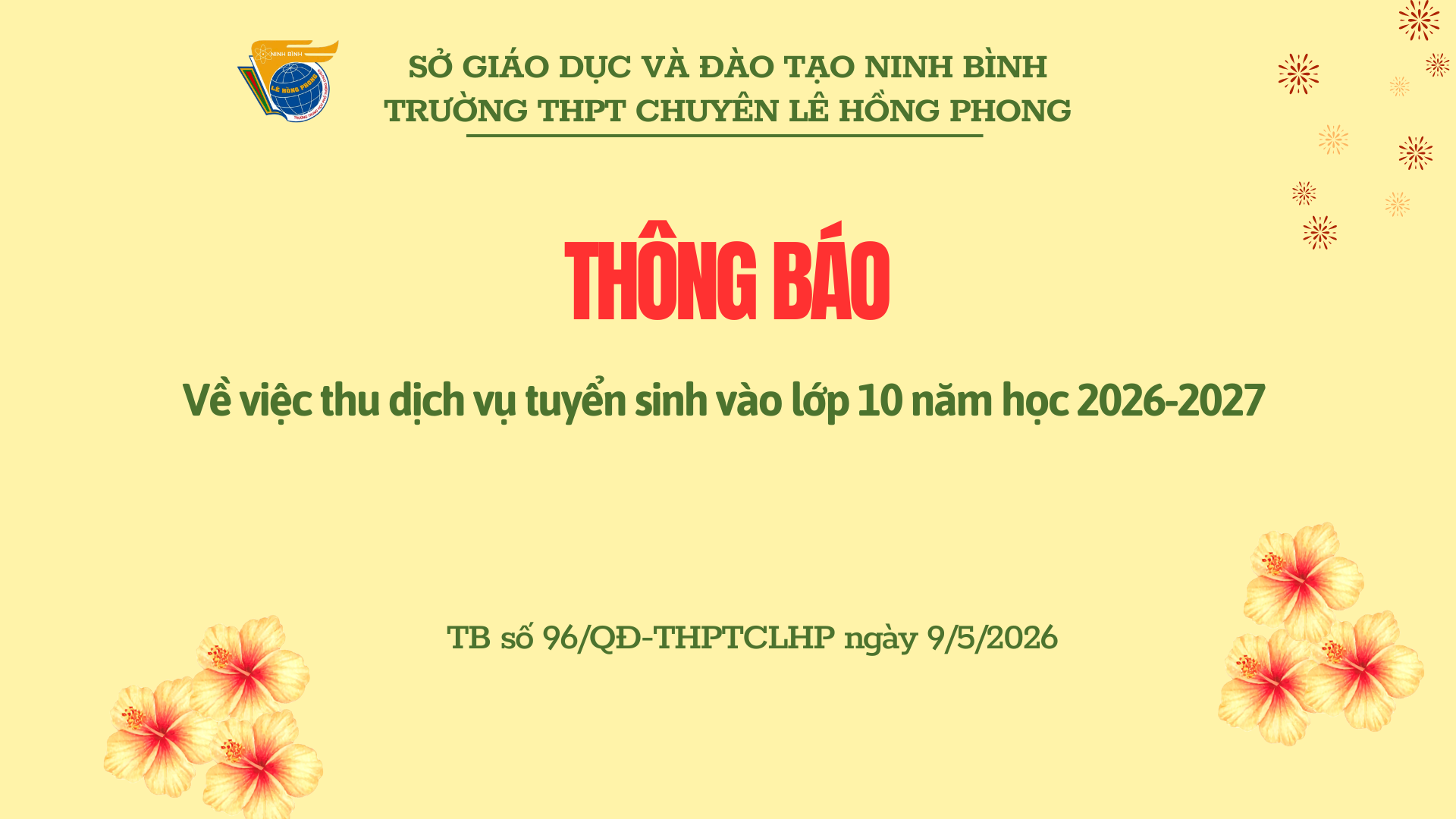 Thông báo về việc thu dịch vụ tuyển sinh vào lớp 10 năm học 2026-2027